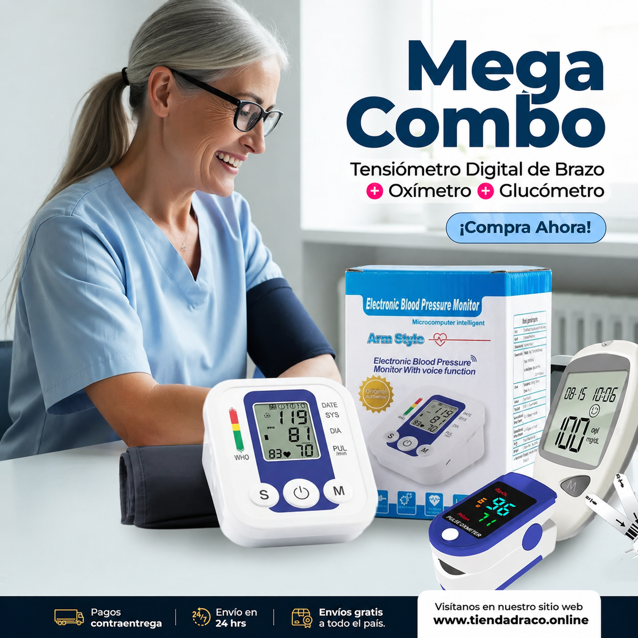 Tensiómetro Digital de Brazo + Oxímetro + Glucómetro