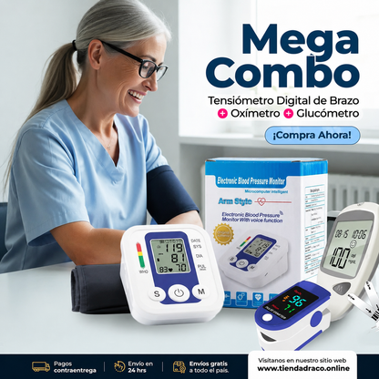 Tensiómetro Digital de Brazo + Oxímetro + Glucómetro